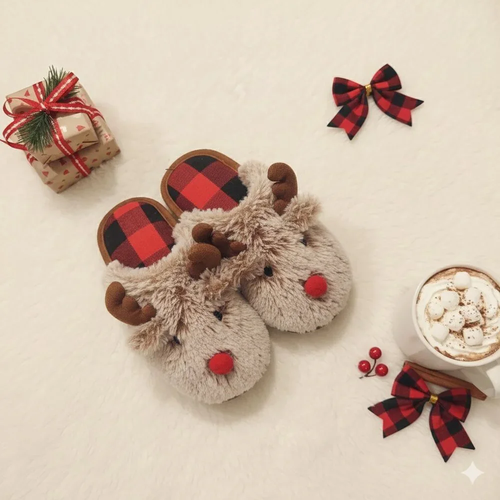 Kids Fuzzy Reindeer/Moose Slippers with Red Plaid Lining Size 9-10